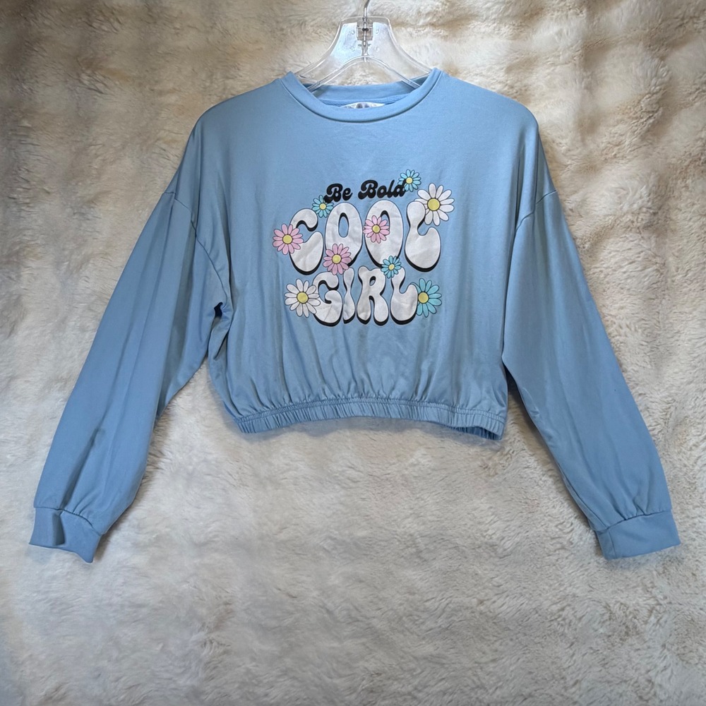 OKIDS Girls Light Blue Be Bold Cool Girl Daisy Graphic Cropped Sweatshirt Size L